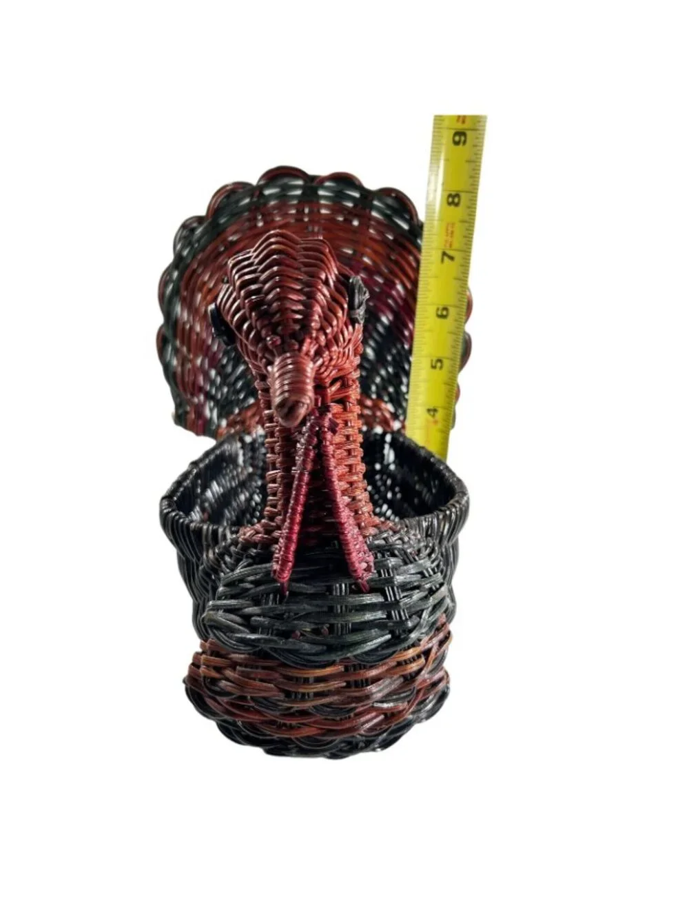Vtg Wicker Turkey Basket Rattan Red Green Fall Bird Decor Handwoven Colorful